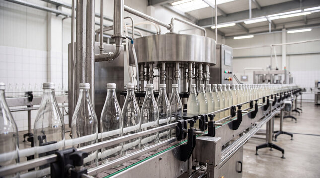 Rows of clear glass bottles being filled with transparent liquid on a modern production line.