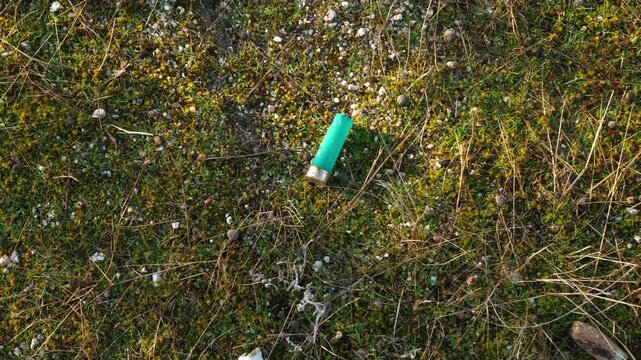 Overhead shot of a green spent shotgun cartridge left on grass. Concept for hunting waste, environmental impact, shooting aftermath, nature contamination, and outdoor detail.
