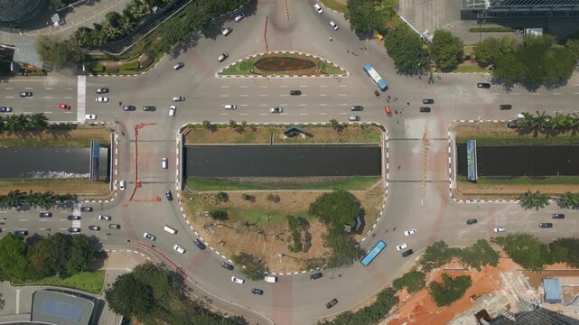 Huge Roundabout Intersection With Traffic PIK Jakarta Indonesia Static Overhead Shot 4K 60FPS