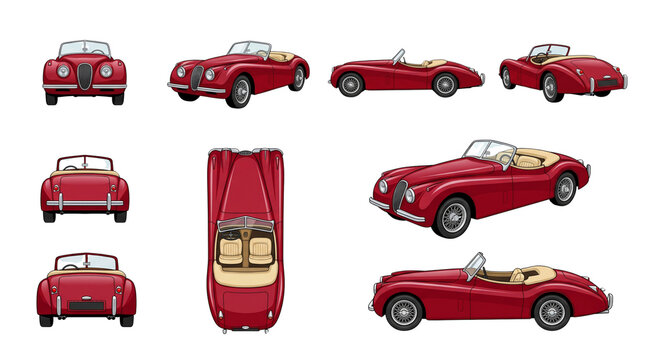 Red Classic Convertible Sports Car Vector Illustration Set isolated on white background