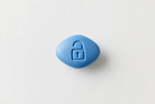 Blue Sildenafil Pill with Lock Symbol Isolated on White Background
