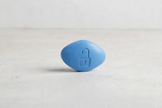 Blue Diamond Pill with Padlock Symbol for Erectile Dysfunction and Protection Concept