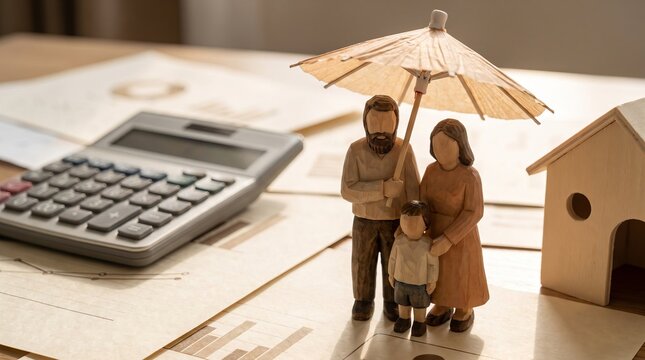 Family figurines sheltered beneath a protective umbrella on financial paperwork, surrounded by policy documents, symbolizing life insurance, wealth protection, future security, financial planning