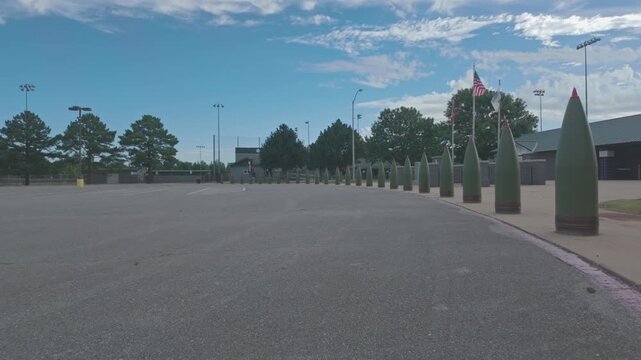 Sweeping view of bombshell bollards in Veterans park Rogers Arkansas