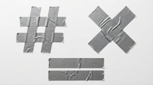 Duct Tape Repair Symbols Collection Featuring Hash Cross Equal Sign on White Background Creative Adhesive Fix Concept Industrial Texture Minimal Graphic Design Resource