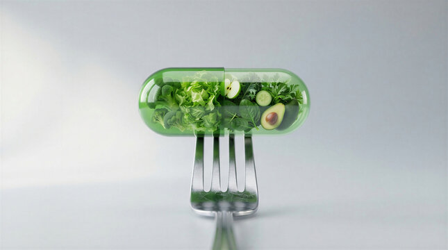 Healthy Vitamin Capsule A transparent green capsule filled with fresh salad ingredients resting on a fork symbolizes the fusion of nutrition and modern supplements