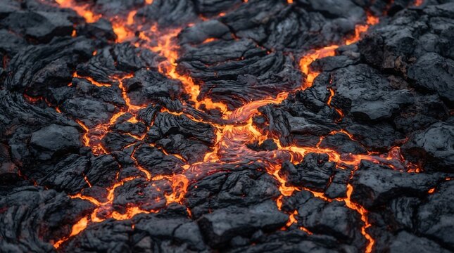 Molten magma flowing through dark volcanic rock textures