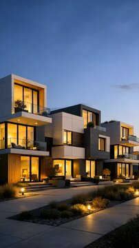 The shows a contemporary multi-family home during sunset with warm lighting and shadows.