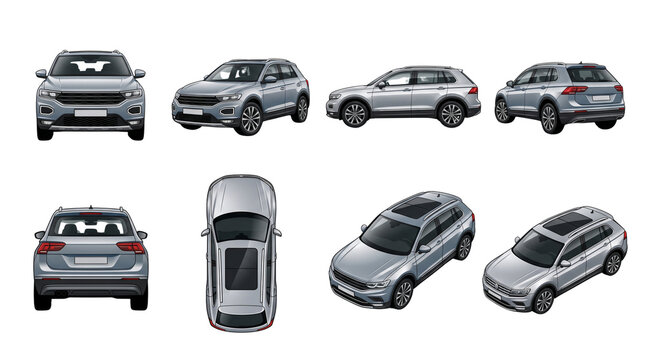 Silver Compact SUV Vector Illustration Set Multiple Views isolated on white background
