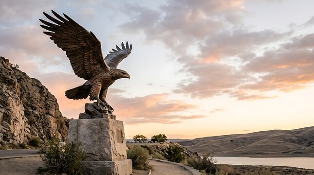Majestic bronze eagle statue overlooking a desert lake at sunset