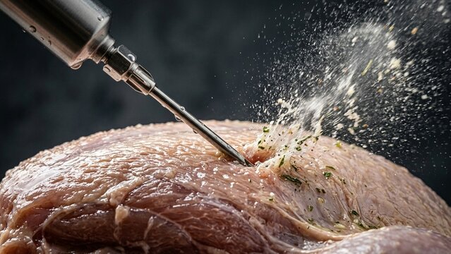 Professional meat injector syringe piercing raw pork with splashing marinade and herbs on dark background