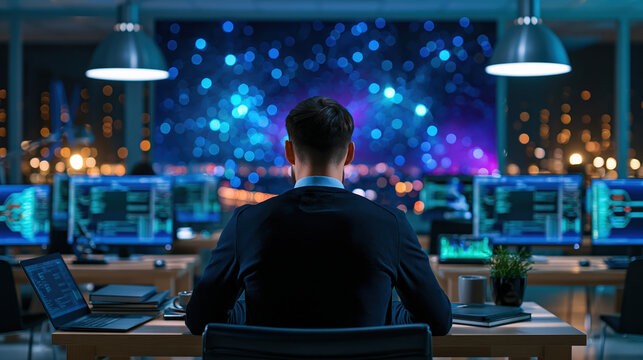Analyst studying abstract network projection in dark office