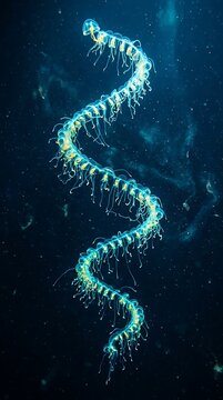 Bioluminescent siphonophore colony drifting in the deep blue ocean