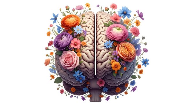Artistic human brain illustration with blooming flowers representing mental health awareness for world mental health day concept