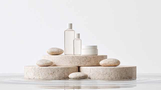 Cosmetic bottle and cream on stone pedestal with pebble, minimal spa background