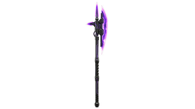 Fantasy Poleaxe Weapon with Glowing Purple Energy Blade Isolated on White Background