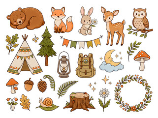 Obraz premium Cute Woodland Animals and Camping Elements Clipart Set