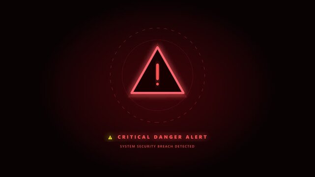 Critical danger alert security breach warning animation video. Red glowing triangle exclamation mark system error UI motion graphic design template
