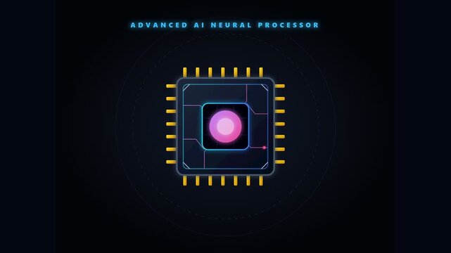 Advanced AI neural processor microchip animation video. Futuristic artificial intelligence tech circuit board interface UI motion graphic design