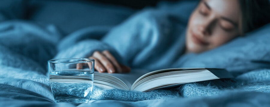 Evening relaxation woman reading book in bed with glass of water and soft blue light, calm bedtime routine