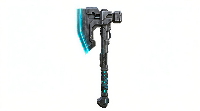 Futuristic Cybernetic Battle Axe with Glowing Blue Energy Blade Isolated on White