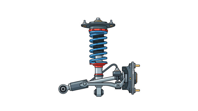 Automotive suspension system illustration featuring a coilover shock absorber and hub assembly on white.