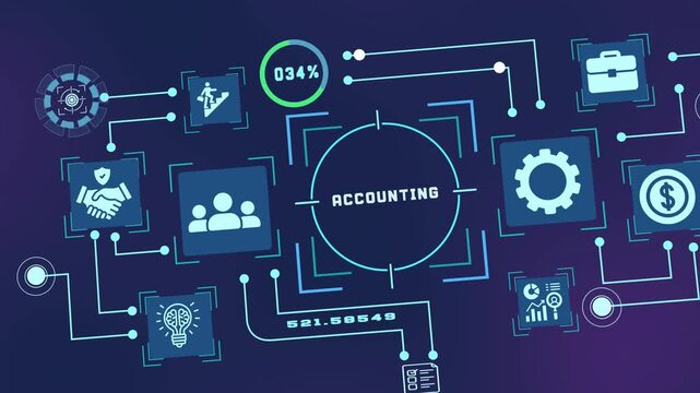 Accounting concept with connected business icons for financial records, reporting, transaction analysis, compliance, and control.