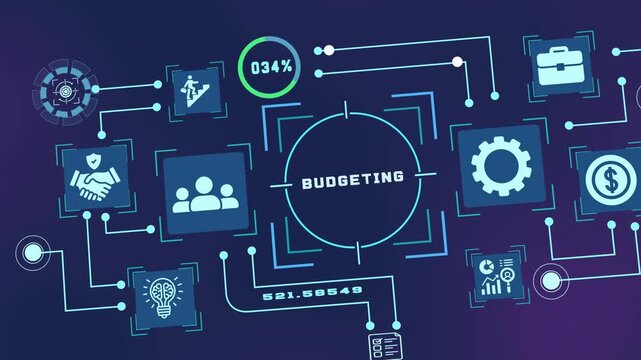 Budgeting concept with digital business icons for financial planning, expense control, cost allocation, and business management.