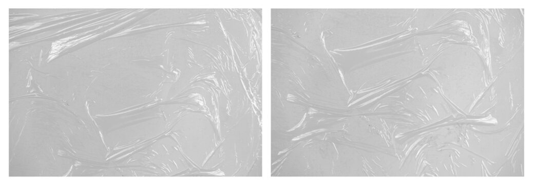 Realistic set of transparent plastic polyethylene bags overlay. Wrapping packaging vinyl texture.