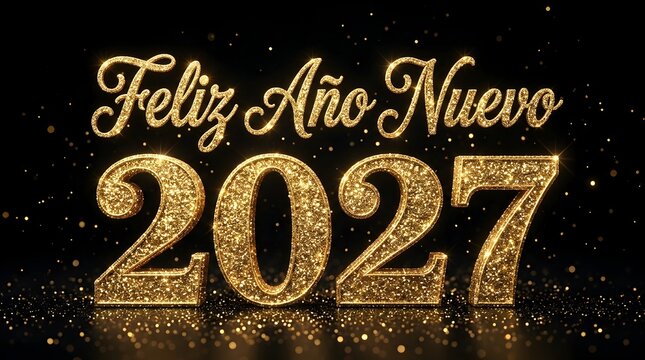 Feliz ano nuevo 2027 sparkly gold glitter text on black background