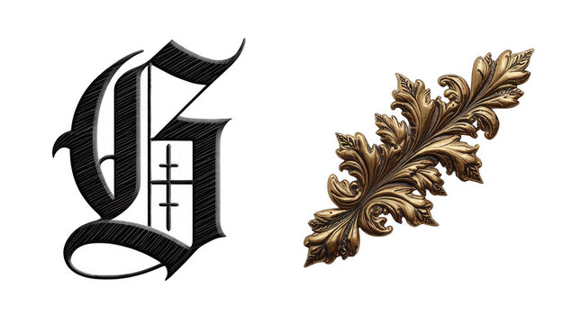 Gothic Letter G and Ornate Golden Acanthus Leaf Ornament