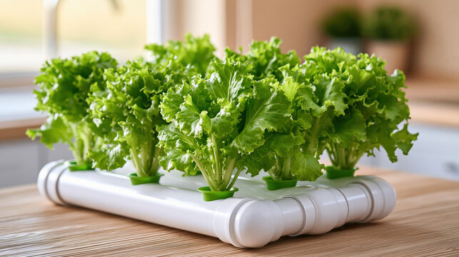 Hydroponic garden leafy green vegetable growing in indoor planter, fresh and vibrant on kitchen table