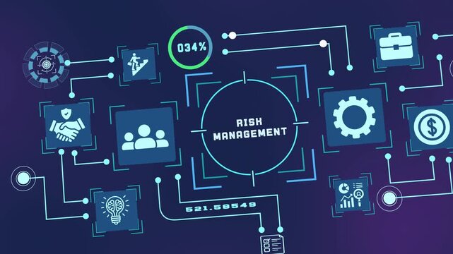 Risk management concept with business icons for threat assessment, mitigation, security controls, and corporate resilience.