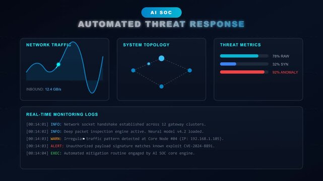 AI security system dashboard illustrating proactive cyber security threat mitigation and automated response workflows in motion
