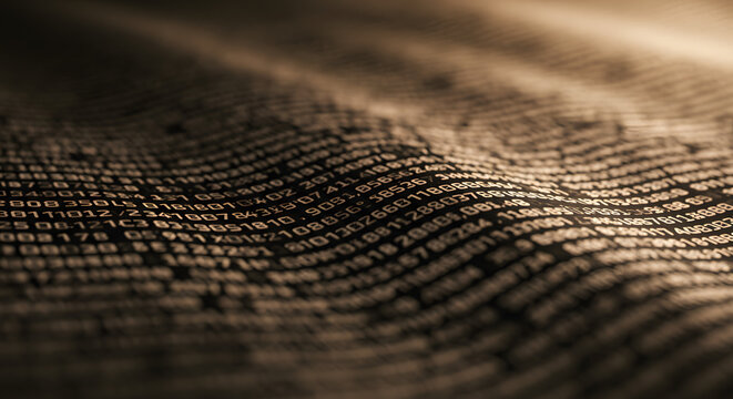 Abstract Binary Code Waves Flowing Across Dark Digital Landscape Background for Technology and Cybersecurity Concepts