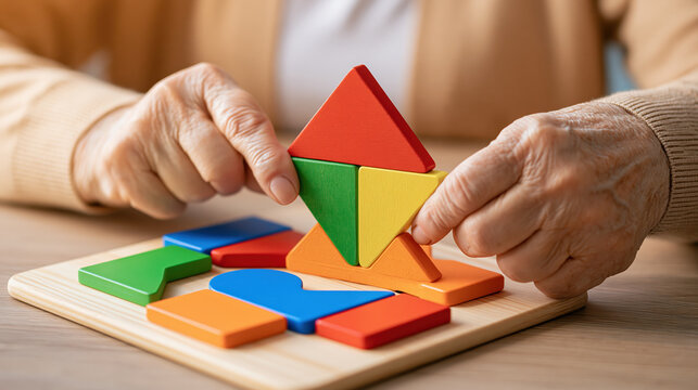 Mature adult hands arranging colorful wooden puzzle for cognitive fitness and memory training on table