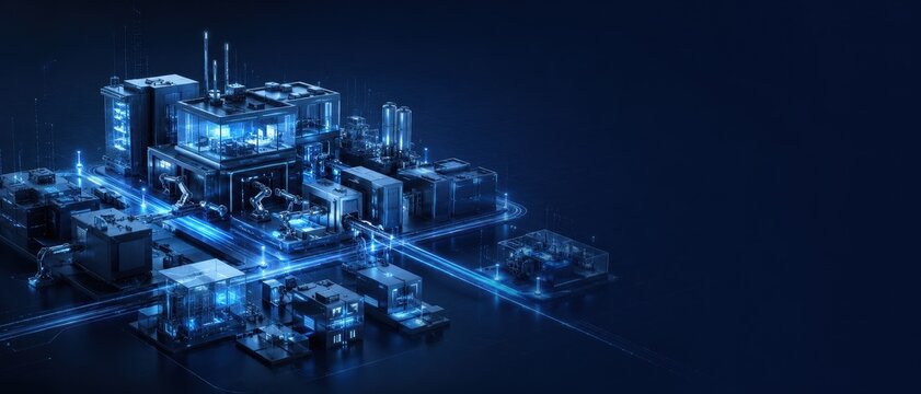 Futuristic industrial complex illuminated at night
