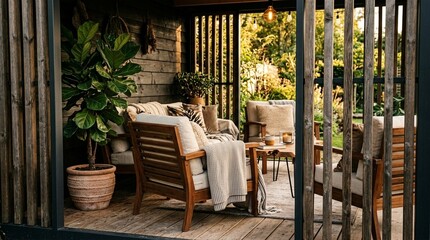 Fototapeta premium Cozy outdoor living room with wooden furniture, plants, and warm lighting