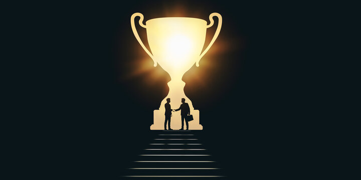 Silhouette of businessmen shaking hands in front of glowing trophy on stairs. Concept of business partnership, joint success, achievement, and victory.