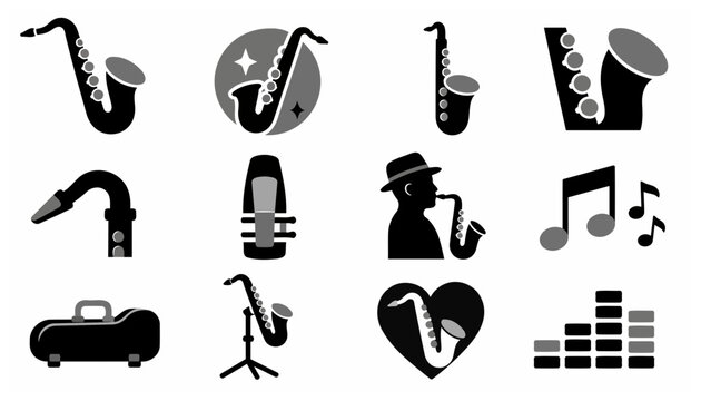 Collection of black and white music instrument icons.