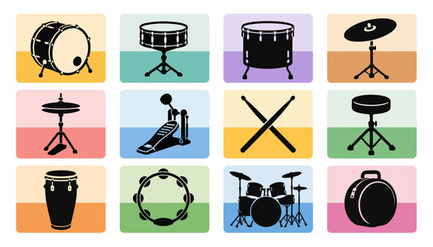Collection of various musical percussion instruments icons.