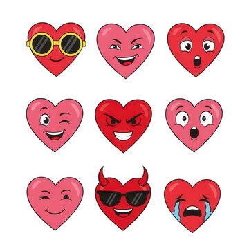Set of red heart icons with cute devil faces isolated on transparent background