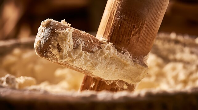 Traditional Wooden Mortar and Pestle Grinding Ingredients.