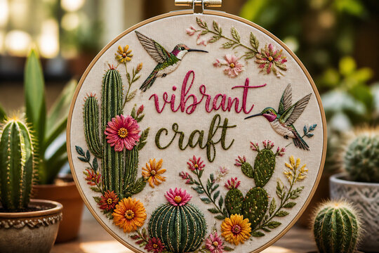 A vibrant embroidery hoop featuring a hummingbird and floral design is displayed indoors.