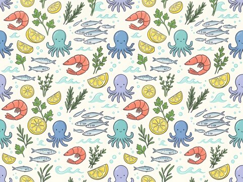 Hand-drawn seamless pattern illustration of Mediterranean seafood featuring octopuses, shrimp, fish, lemon slices, and herbs on a cream background for textile or wallpaper design.