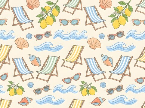 Seamless pattern featuring vintage beach chairs, lemons, sunglasses, seashells, and ocean waves in a retro Mediterranean summer style on a cream background.