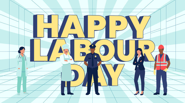 Happy Labour Day celebration with diverse professionals representing various essential jobs.