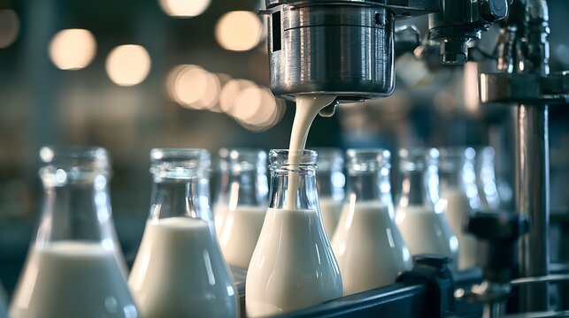 Industrial milk bottling process on an automated production line in a dairy factory.