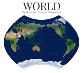 World Map. Ginzburg IX projection. Compromise world map has low distortion near equator. Pacific center at 0 lat 160 lon. © Eugene Ga
