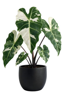 Variegated alocasia frydek houseplant in a black pot isolated on transparent background